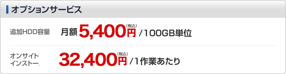 オプションサービス 追加ＨＤＤ容量:月額5,250円（税込）/100ＧＢ単位 オンサイトインストール:31,500円（税込）/1作業あたり