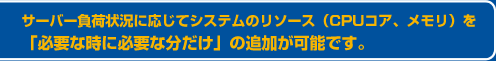 サーバー負荷状況に応じてシステムのリソース（CPUコア、メモリ）を「必要な時に必要な分だけ」の追加が可能です。