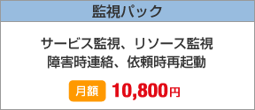 監視パック　サービス監視、リソース監視　障害時連絡、依頼時再起動　月額10,800円