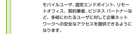 モバイルユーザ、固定エンドポイント、リモートオフィス、契約業者、ビジネス パートナーなど、多岐にわたるユーザに対して企業ネットワークへの安全なアクセスを提供できるようになります。