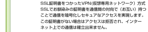 SSL証明書をつかったVPN(仮想専用ネットワーク）方式 SSLでお馴染みの証明書を通信間の対向で（お互い）持つことで通信を暗号化しセキュアなアクセスを実現します。この証明書がない場合はアクセスは拒否され、インターネット上での通信は確立出来ません。